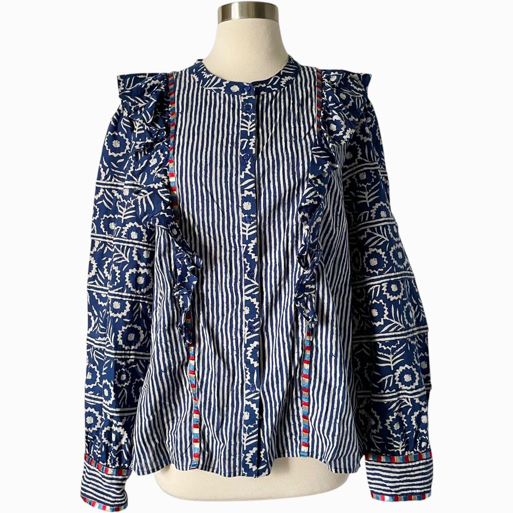Sezane Coletta Cotton Blouse Blue Ivory Stripe Button Front Shirt Size 46 Rayure - Picture 3 of 8